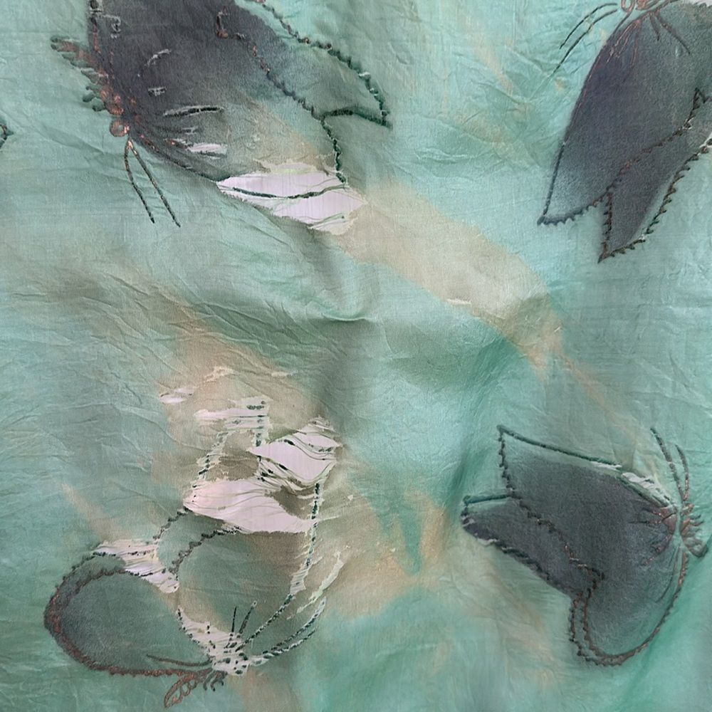 Vtg Brico 5 1/2 Momme green silk artsilk scarf painted with butterflies- AS IS - Picture 6 of 11